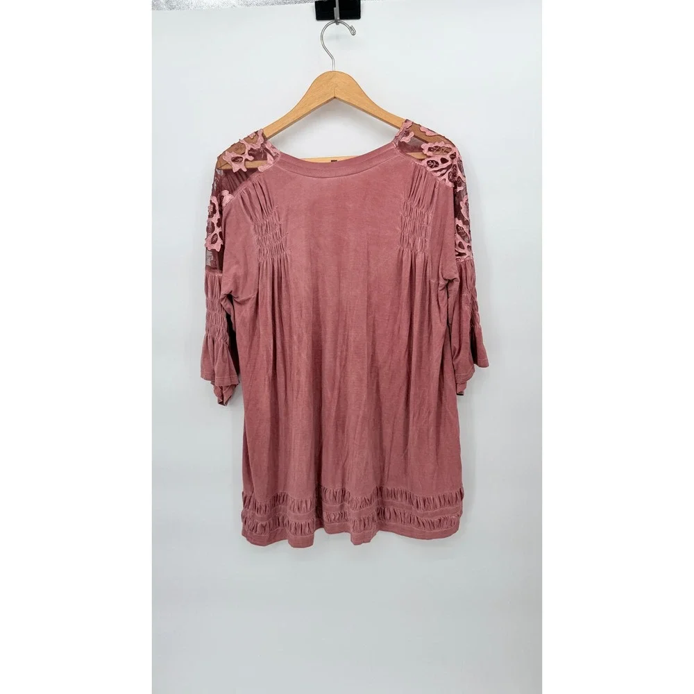 POL Tunic Top Lace Shoulder Smocked Detail Oversized Boho Chic Pink SM** - Picture 2 of 12